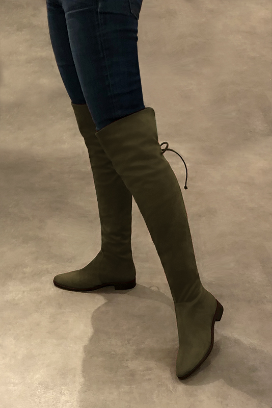 Khaki green women's leather thigh-high boots. Round toe. Flat leather soles. Made to measure. Worn view - Florence KOOIJMAN